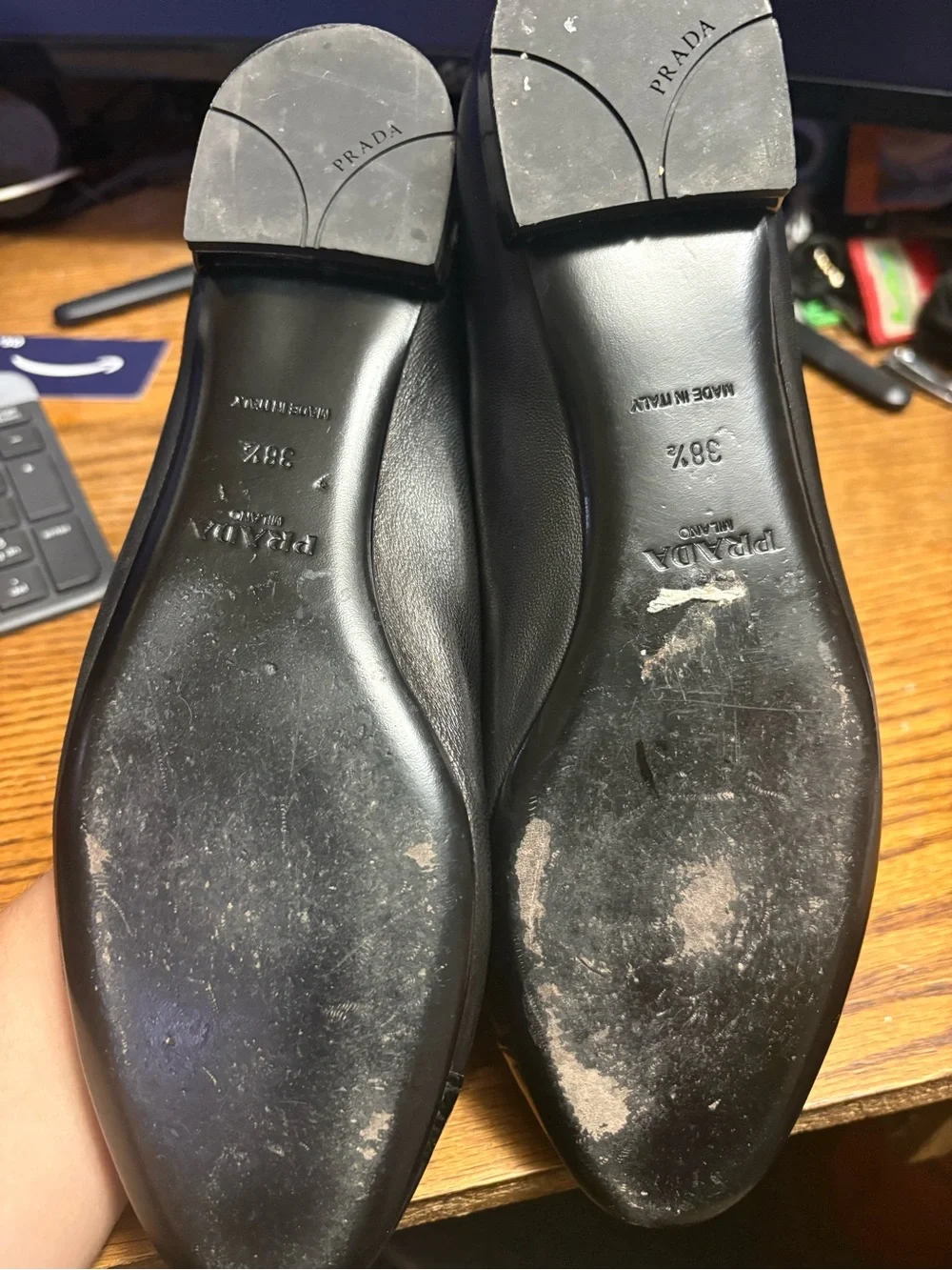 Prada Black Leather & Patent Cap-Toe Ballet Flats